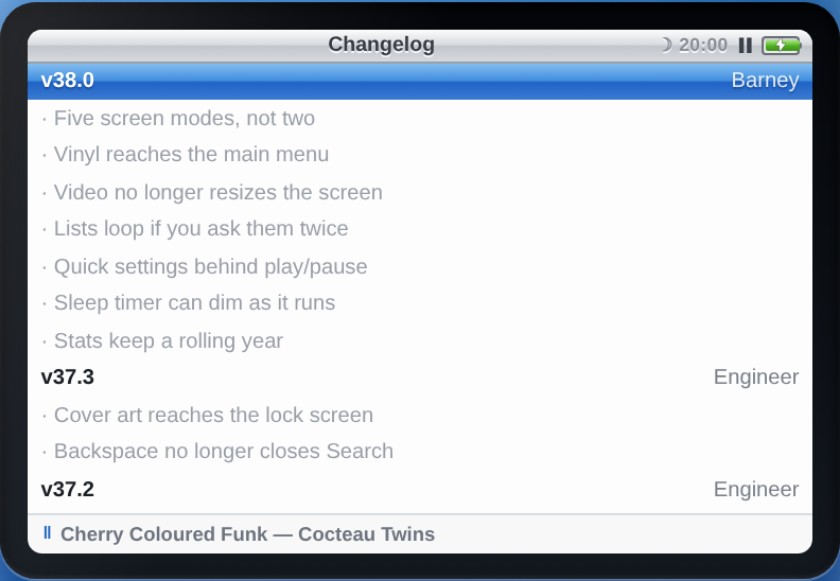 The in-app changelog listing version 38.0 Barney and its changes.