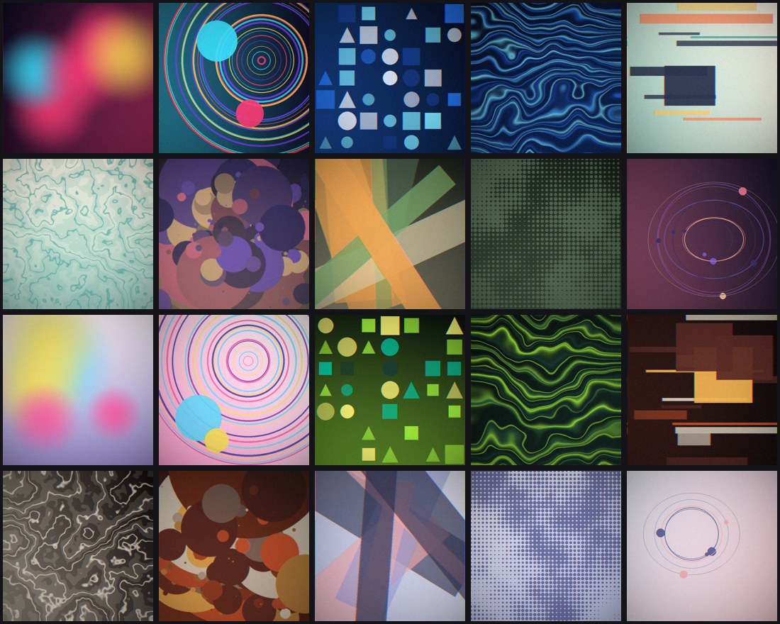 A grid of all twenty album covers, each an abstract pattern in a different palette.
