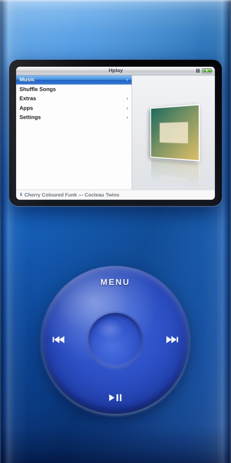 The Hplay player: a scroll wheel music player with a blue aluminium body, showing its main menu and a rotating album cover.