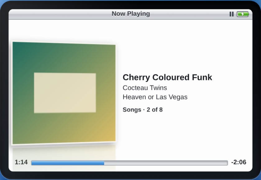 Now Playing showing a tilted album cover with a reflection, track title, artist, album and a progress bar.