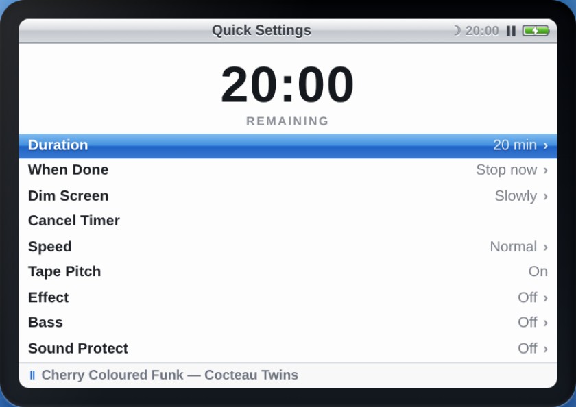 The Quick Settings screen with a sleep timer clock and rows for dim screen, speed, tape pitch, effect, bass and sound protect.