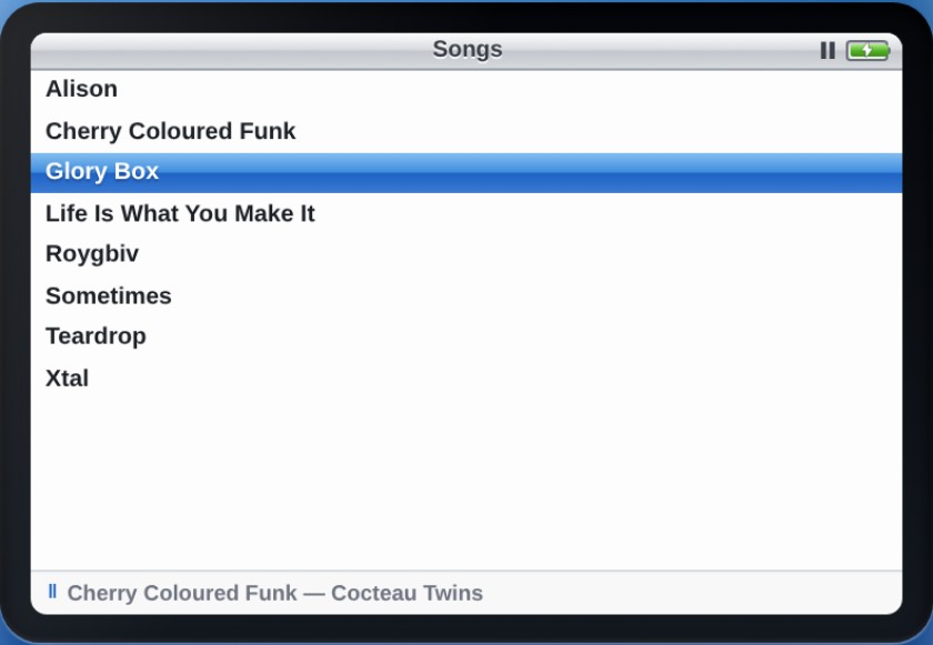 The song list, with one row highlighted in blue.